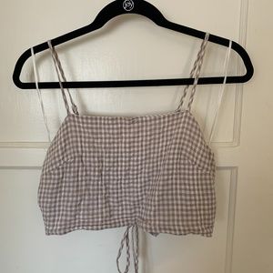 Tan Gingham Lace Up Cropped Tank